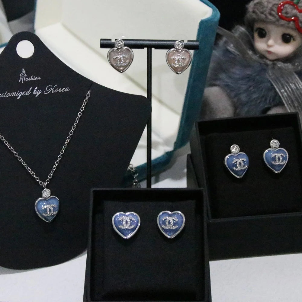 Chanel Blue Heart Necklace & Earrings