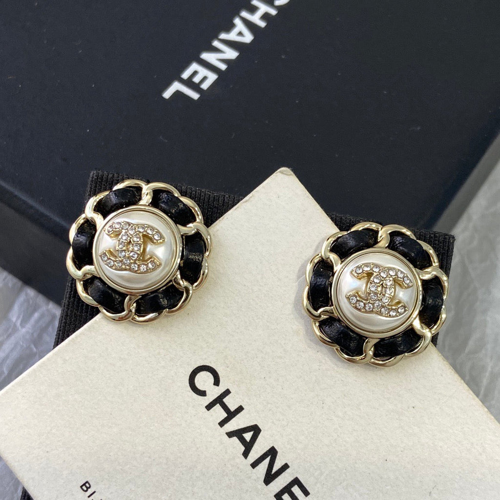 Chanel Black Leather Button Necklace Earrings