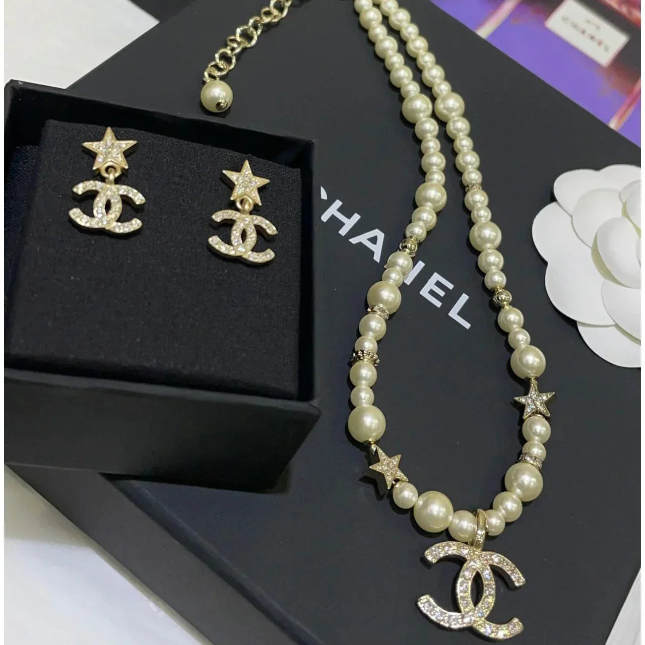 Chanel Pearl Star Necklace Earrings