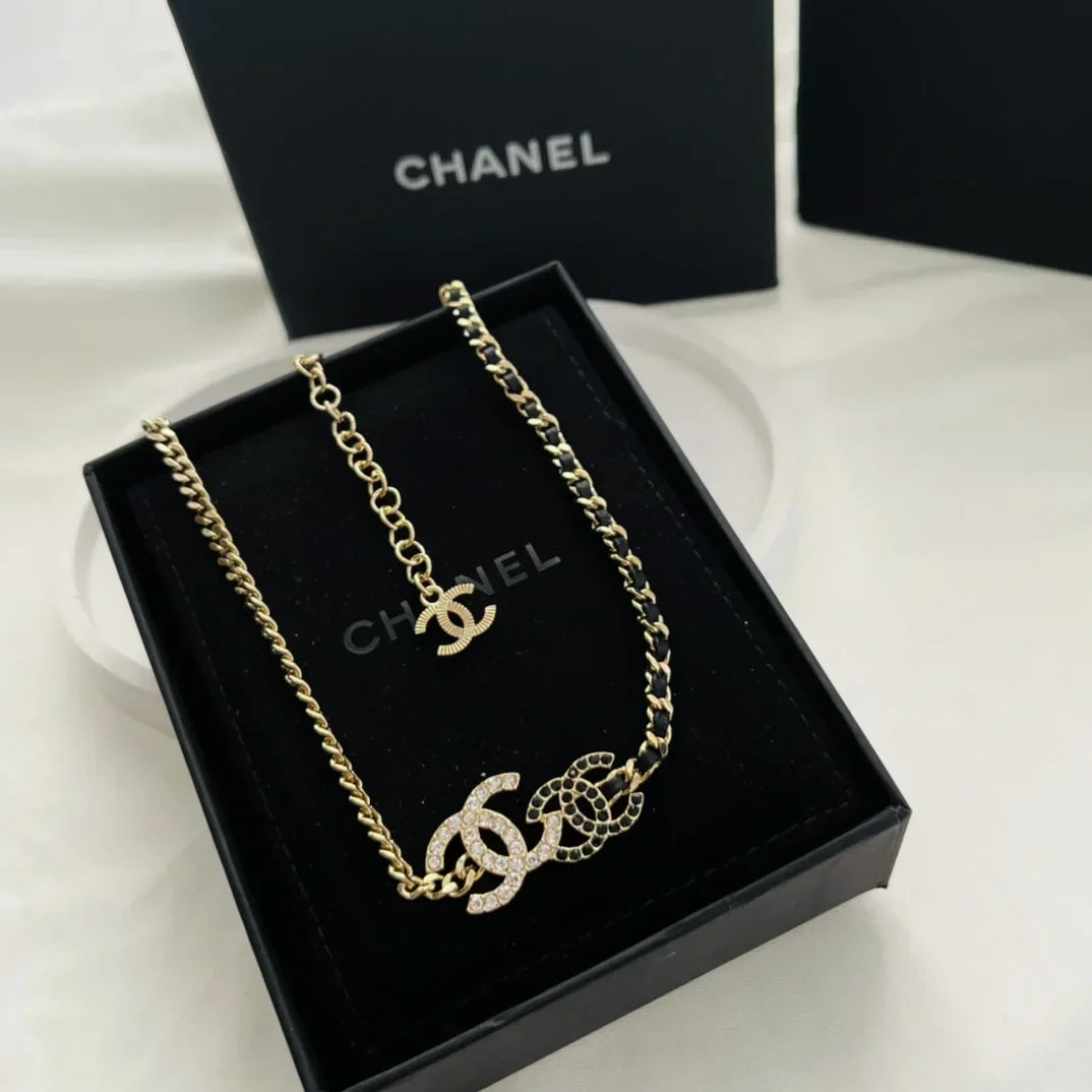 Chanel Double Logo Black Leather Necklace