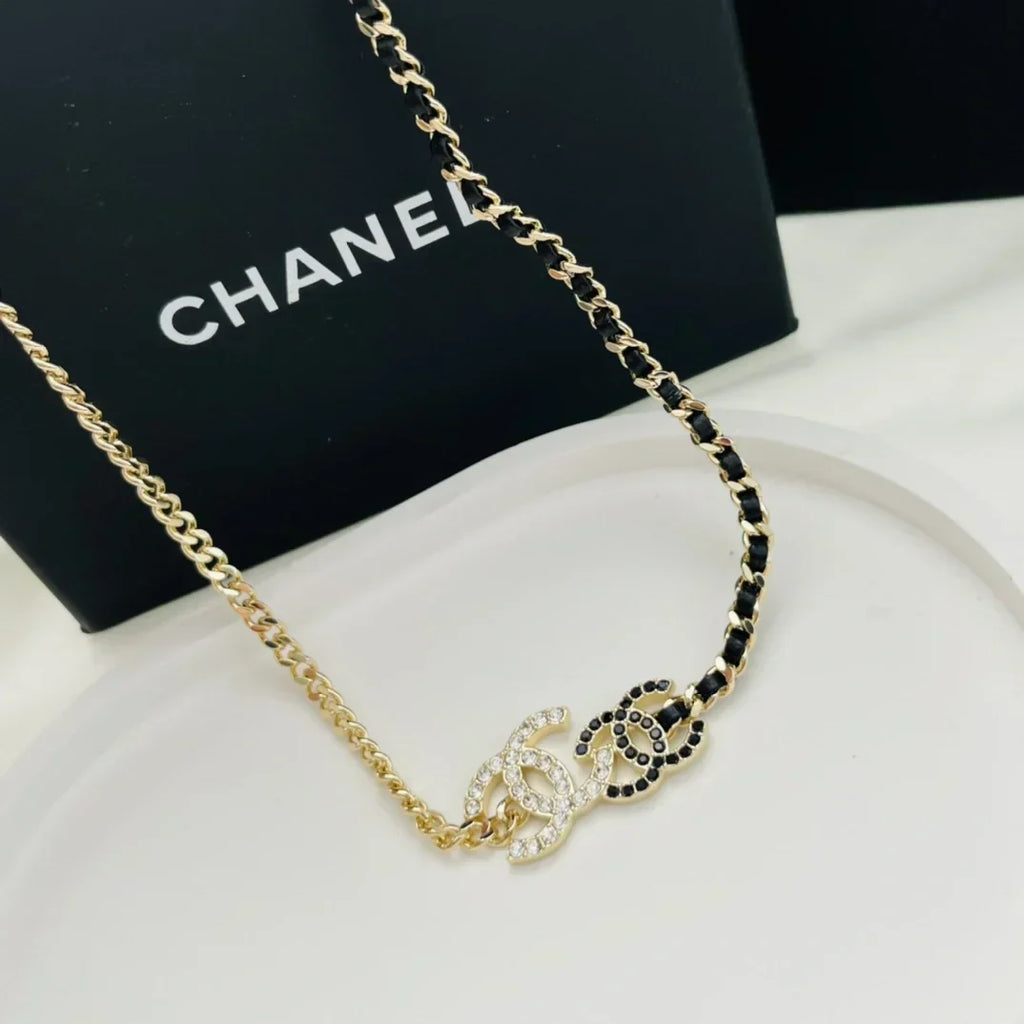 Chanel Double Logo Black Leather Necklace